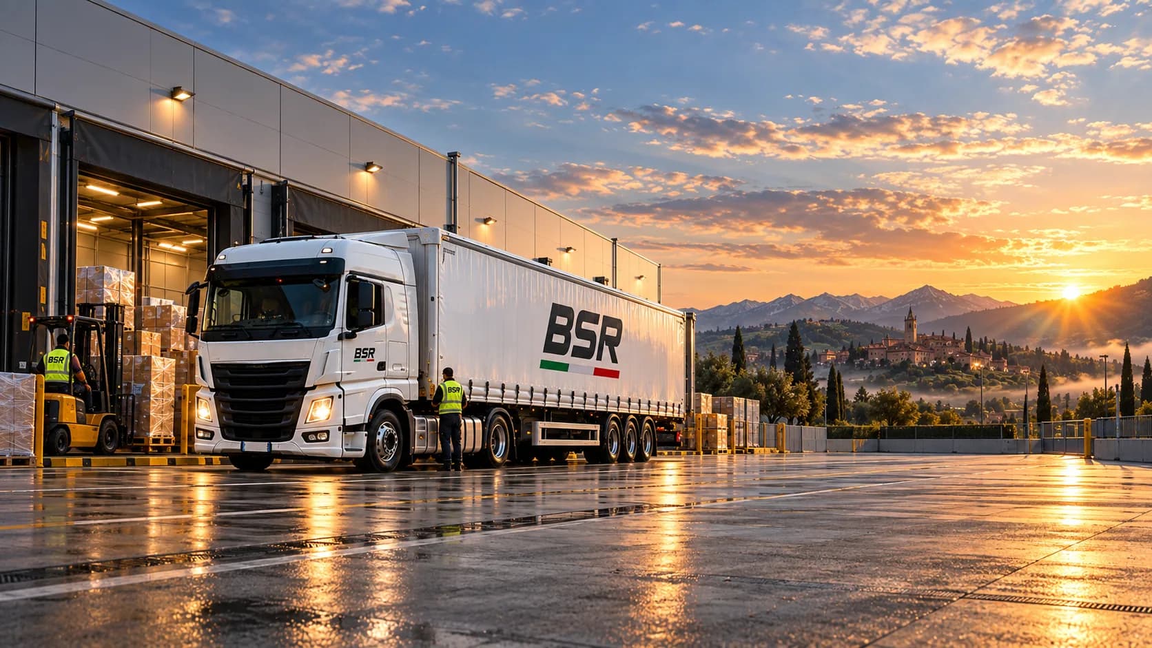 Autoarticolato BSR davanti al magazzino di un cliente, con un carrello elevatore al lavoro alla banchina.