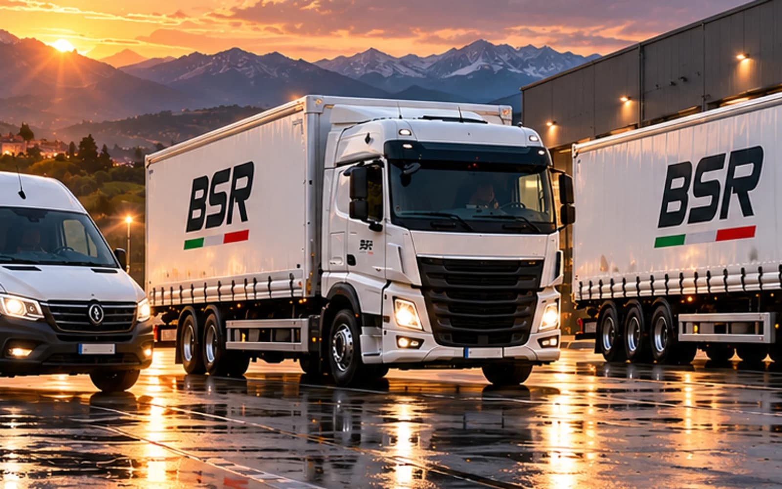 Motrice con cassone telonato e livrea BSR su un piazzale logistico, al tramonto.