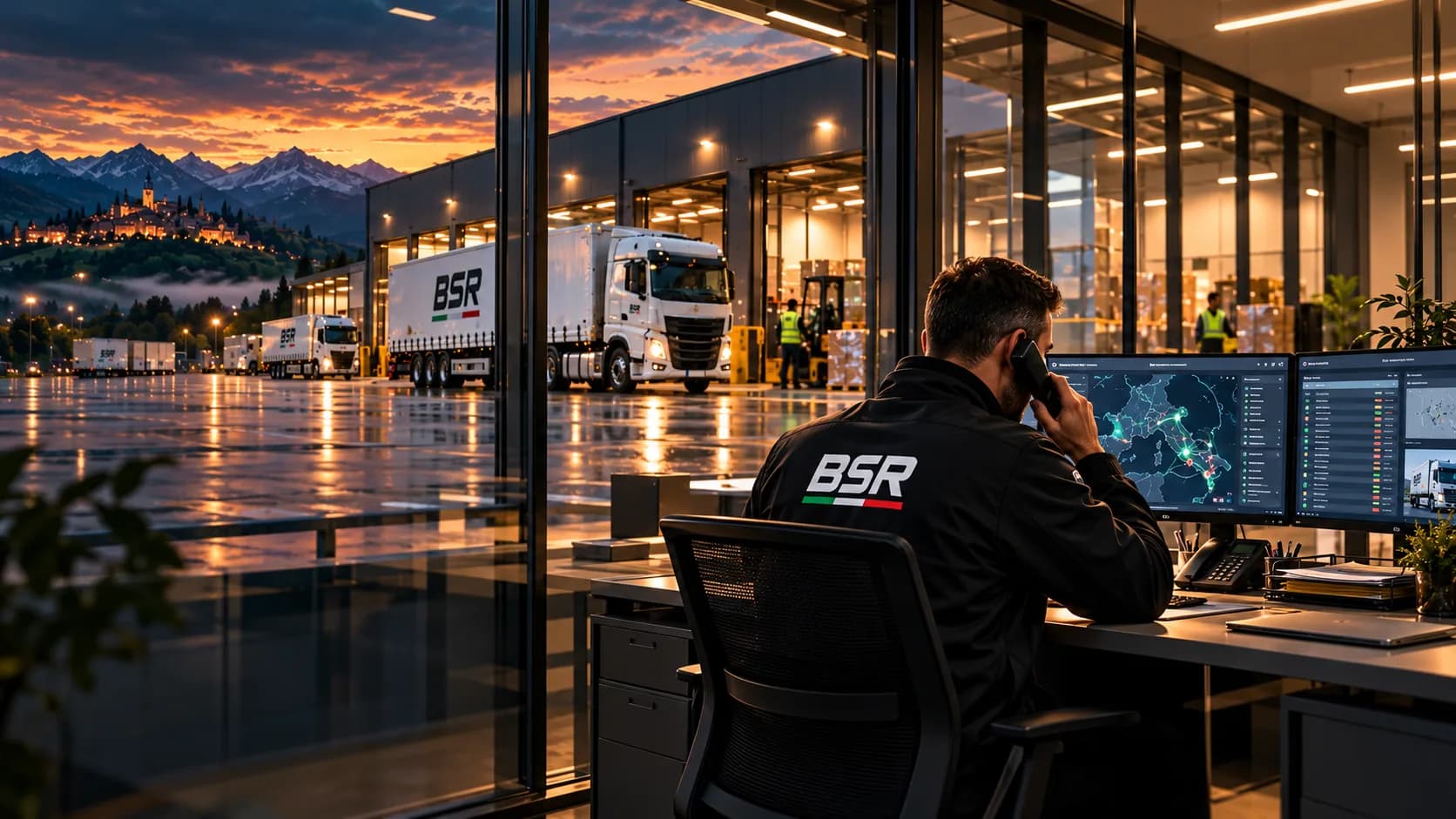 Un operatore al telefono davanti a due schermi, nell'ufficio con vista sul piazzale e su un camion BSR.